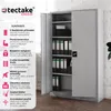 A gray metal filing cabinet with its left door and right door open, showing shelves filled with binders and boxes. Podgląd zdjęcia produktu