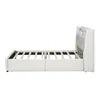 A side view of a beige upholstered bed frame with a headboard containing storage compartments and integrated lighting. Náhľad obrázku produktu