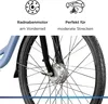 Close-up of an electric bicycle's front wheel, with marketing text and icons above. Produktbild-Vorschau