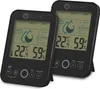 Two black digital hygrometers/thermometers are displayed side-by-side on a white background. The devices show temperature, humidity, and comfort levels. Produktbild-Vorschau