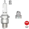 A spark plug and a close-up of its tip, along with a separate cap and a logo. Produktbild-Vorschau
