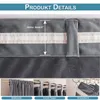 A collage of images showing details of gray velvet curtains, including a measurement of the header height, different hanging methods, and a close-up of the fabric and hanging mechanism. Produktbild-Vorschau