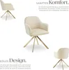 A collage of images showcasing a cream-colored velvet armchair with a gold metal base, accompanied by descriptive text in German. Produktbild-Vorschau