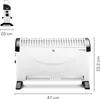 A white electric heater with black accents is shown with dimensions indicated by measurement lines and text. Produktbild-Vorschau