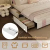 A bed with drawers open, showing storage, with icons at the bottom indicating storage possibilities. Produktbild-Vorschau