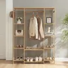 A wooden garment rack with shelves, displaying clothes, bags, shoes, and decorative items. Anteprima dell’immagine prodotto