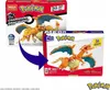 Collage showing two boxes of Mega Construx Pokemon Charizard building sets. An arrow indicates the transition from one box view to another. Voir les images du produit