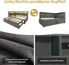 Collage showing a bed frame with a pull-out bed, a close-up of the fabric, and a detail of the wooden structure. Náhled obrázku produktu