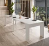 A long, white, extendable dining table is set with plates in a modern dining room with large windows overlooking a forest. Náhled obrázku produktu