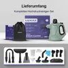 A product image showcasing a green steam cleaner and its accessories, along with packaging and a storage bag. The top part displays the main product and its box, while the bottom part shows a collection of attachments. Produktbild-Vorschau