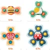 A collage of four baby fidget spinner toys with suction cups, each featuring a different animal or insect design. Produktbild-Vorschau