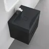 A modern black bathroom vanity with a sink and faucet, set against a white wall and gray tiled floor. Anteprima dell’immagine prodotto