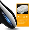 Close-up of a black and white hairdryer with a blue light, next to a panel showing raw plastic pellets and marketing icons and text. Produktbild-Vorschau