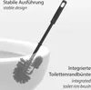 A toilet brush is shown cleaning the inside of a toilet bowl, with text overlays highlighting features. Anteprima dell’immagine prodotto