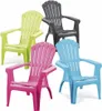 A collection of four plastic Adirondack chairs in different colors (green, gray, pink, and blue) arranged on a white background. Produktbild-Vorschau