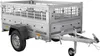A silver utility trailer with a cage attachment is shown against a white background. Produktbild-Vorschau