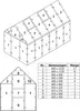 Diagrams and a table showing parts and dimensions for a greenhouse. Produktbild-Vorschau