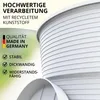 A close-up of a white plastic plant pot with text overlay highlighting its features. Produktbild-Vorschau