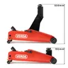 Two views of a red hydraulic car jack, one extended and one retracted, with dimensions indicated. Produktbild-Vorschau