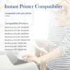 A woman in a striped shirt is holding a tablet and looking at a printer. The image has text about printer compatibility. Produktbild-Vorschau