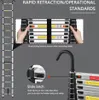 A telescopic ladder is shown in its extended state, with close-ups highlighting its operational features. Produktbild-Vorschau