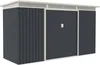 A dark gray shed with a white trim and roof, featuring a large sliding door. Produktbild-Vorschau