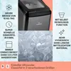 A collage of images showcasing an ice maker and its features, along with a pile of ice cubes. Produktbild-Vorschau