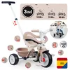 A collage of images showing a beige Smoby Be Move Komfort tricycle in different stages of assembly and use, along with a child riding it. Produktbild-Vorschau
