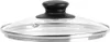 A close-up studio shot of a glass pot lid with a black handle and a silver rim. Podgląd zdjęcia produktu