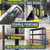 Collage of images showcasing features of a shelving unit, including assembly, materials, and capacity. Produktbild-Vorschau