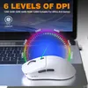 A white gaming mouse is placed on a laptop keyboard, with a colorful graphic overlay indicating DPI levels. Produktbild-Vorschau