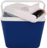 A blue and white portable cooler box with its lid slightly open, revealing a coiled power cord and car adapter. Produktbild-Vorschau