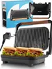 A black electric grill with wooden handles, making sandwiches, shown with its packaging in the background. Produktbild-Vorschau
