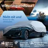 A car covered with a protective cover, with text overlays highlighting its features and benefits. Produktbild-Vorschau