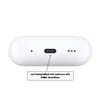 A close-up view of the bottom of a white charging case for Apple AirPods Pro 2, showing the USB-C charging port and indicator lights. A text box points to the USB-C port, indicating compatibility. Produktbild-Vorschau