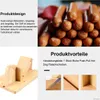 A collage of images showing a wooden sausage slicer and hot dogs. Produktbild-Vorschau
