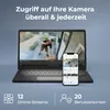 A laptop and a smartphone are displayed, showing live camera feeds, with text overlaying the image. Produktbild-Vorschau