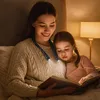 A mother and daughter are reading a book together in bed at night, illuminated by a neck reading light. Anteprima dell’immagine prodotto