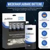 Marketing image for rechargeable batteries, showing packaging and individual batteries with feature callouts. Produktbild-Vorschau
