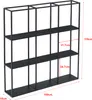 A black metal shelving unit with multiple shelves, displayed with dimensions marked. Náhľad obrázku produktu