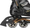 A close-up view of the side of a black and gold inline skate. Náhled obrázku produktu