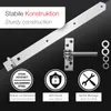 A metal gate hinge and strap are shown with marketing text and icons. Produktbild-Vorschau