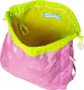 An open pink drawstring backpack with white stars and a neon green trim. Voir les images du produit