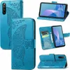 A collage of images showing a blue flip phone case with a butterfly design for a Sony Xperia 10 III. Produktbild-Vorschau