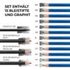 A collection of graphite and charcoal pencils with different hardness levels displayed with sample shading. Produktbild-Vorschau