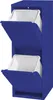 A blue metal trash can with two compartments, each with a white inner bin and a blue lid that opens downwards. Produktbild-Vorschau