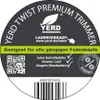 A circular marketing label for a trimmer line product, featuring brand logo, website, product features, and a QR code. Produktbild-Vorschau