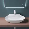 A white ceramic sink with a modern faucet is mounted on a wooden countertop, with a backlit mirror above. Produktbild-Vorschau