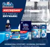A collage of Finish dishwasher cleaning products, including liquid, salt, and tablets, with a blurred background of a dishwasher interior and a wine glass. Podgląd zdjęcia produktu