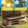 An outdoor sofa made of wooden pallets with brown cushions is shown on a lawn. Two informational overlays are present at the top of the image. Podgląd zdjęcia produktu
